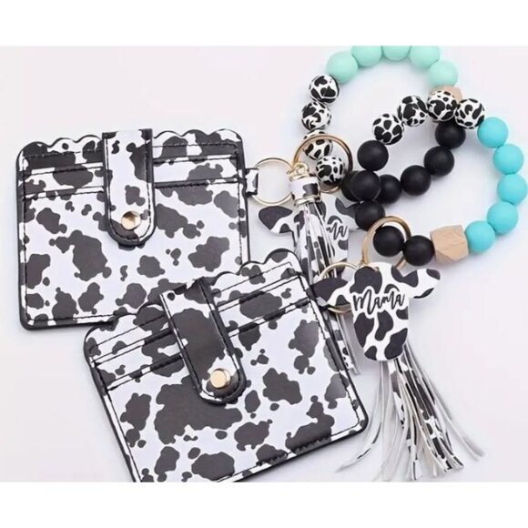 Cow Print with Turquoise Silicone Beaded‎  Tassel Keychain Wallet Wristlet NEW - Picture 3 of 3